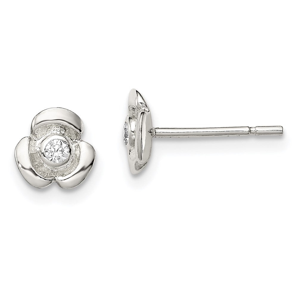 Sterling Silver Polished Flower with CZ Children's Post Earrings, 6 x 7 mm