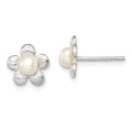 Sterling Silver Polished & Textured Sim. Pearl Flower Post Earrings, 9 x 10 mm
