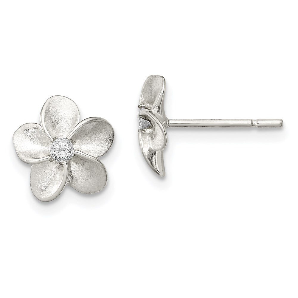 Sterling Silver Polished & Satin CZ Flower Post Earrings, 9 x 10 mm