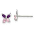 Sterling Silver Pink CZ & Purple Enamel Butterfly Children's Post Earrings, 8 x 8 mm