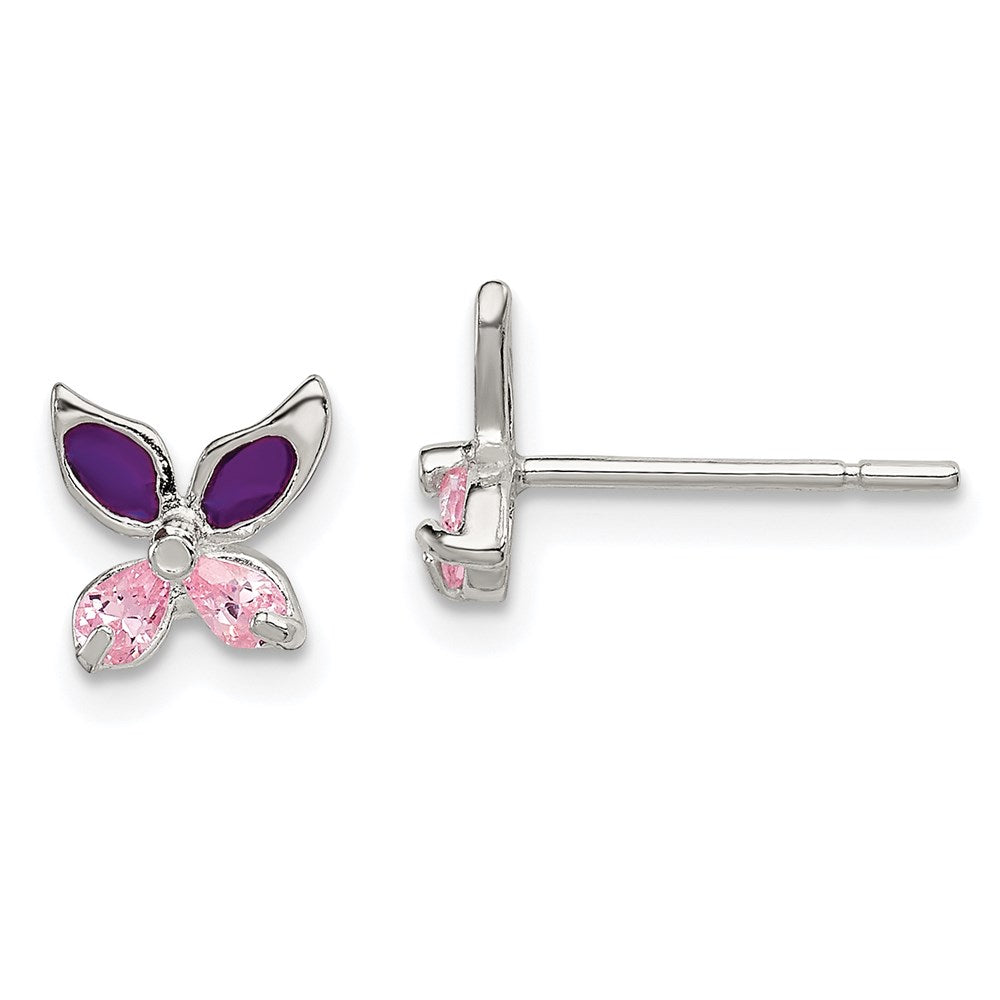 Sterling Silver Pink CZ & Purple Enamel Butterfly Children's Post Earrings, 8 x 8 mm