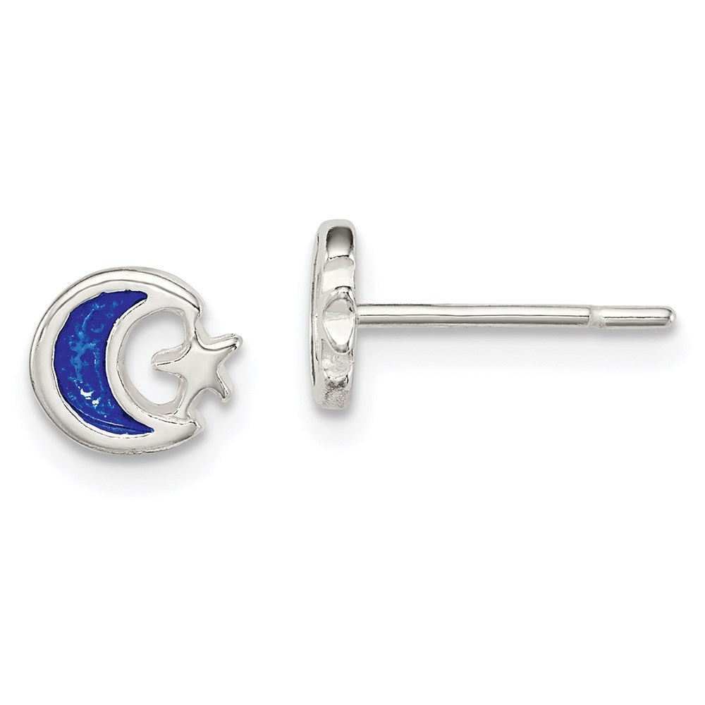 Sterling Silver Polished Blue Enamel Moon & Star Children's Post Earrings, 6 x 7 mm