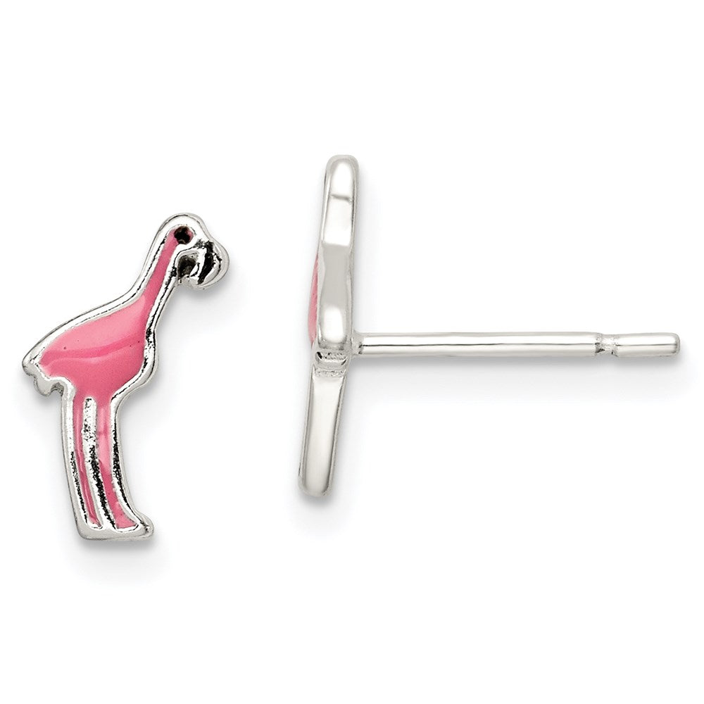 Sterling Silver Polished Pink & Black Enameled Flamingo Post Earrings, 11 x 6 mm