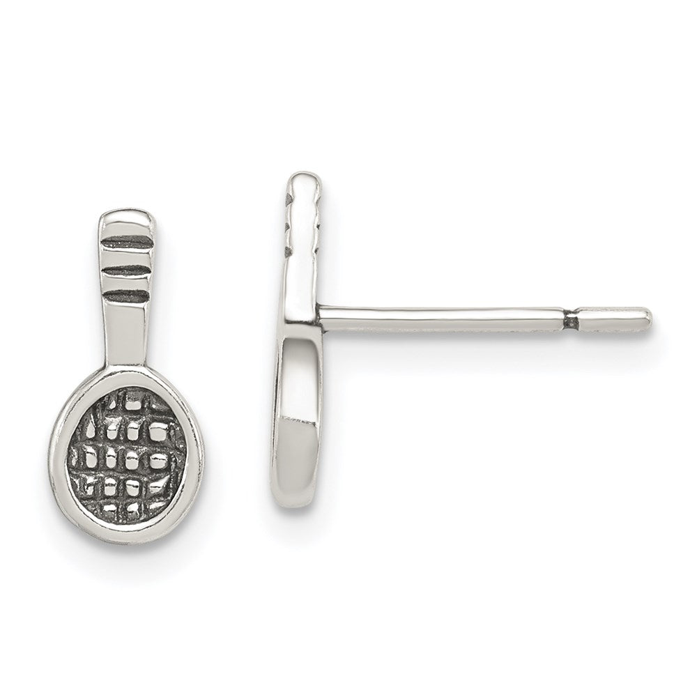 Sterling Silver Antique Tennis Racquet Post Earrings, 10 x 15 mm