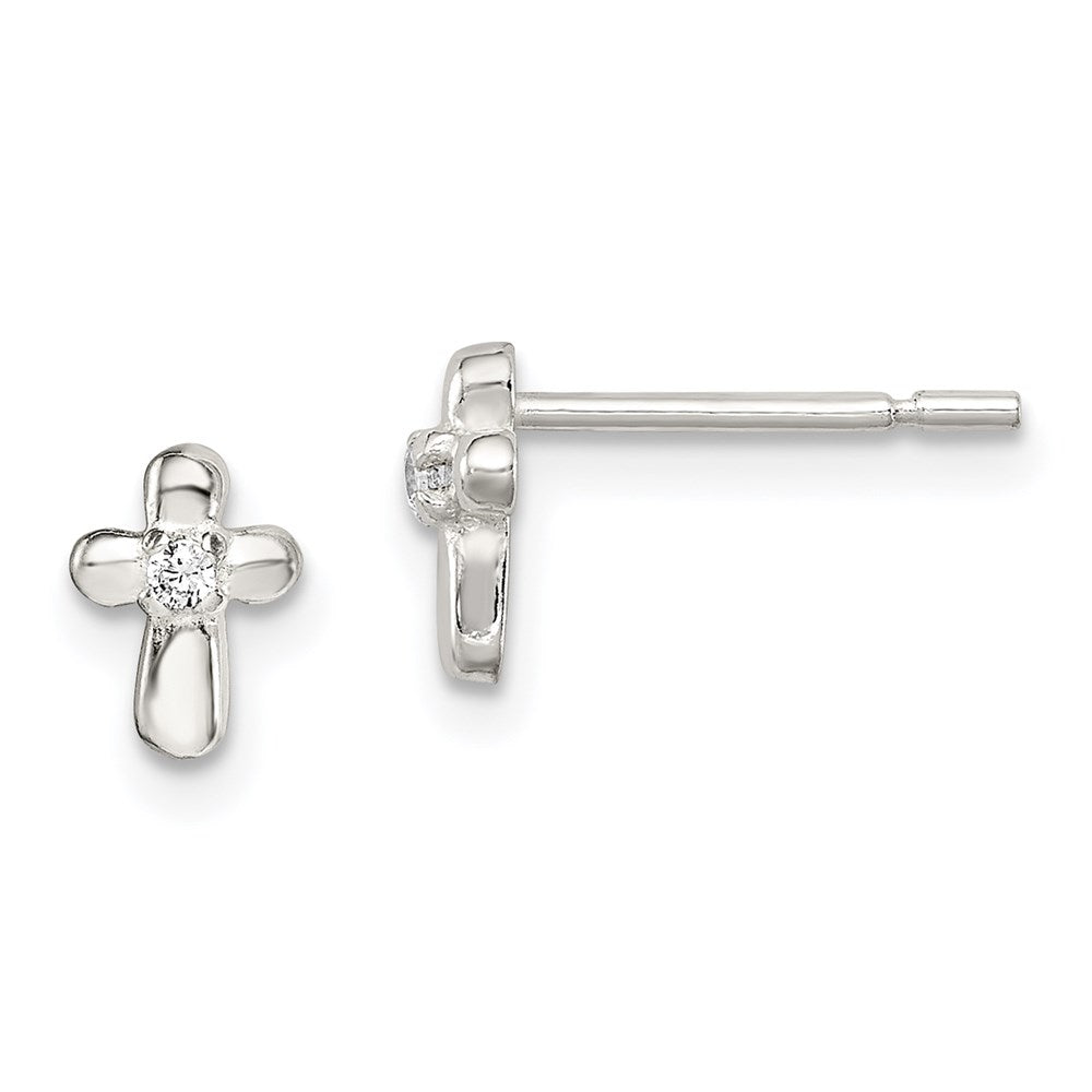 Sterling Silver Polished Cross with CZ Post Earrings, 6 x 4 mm