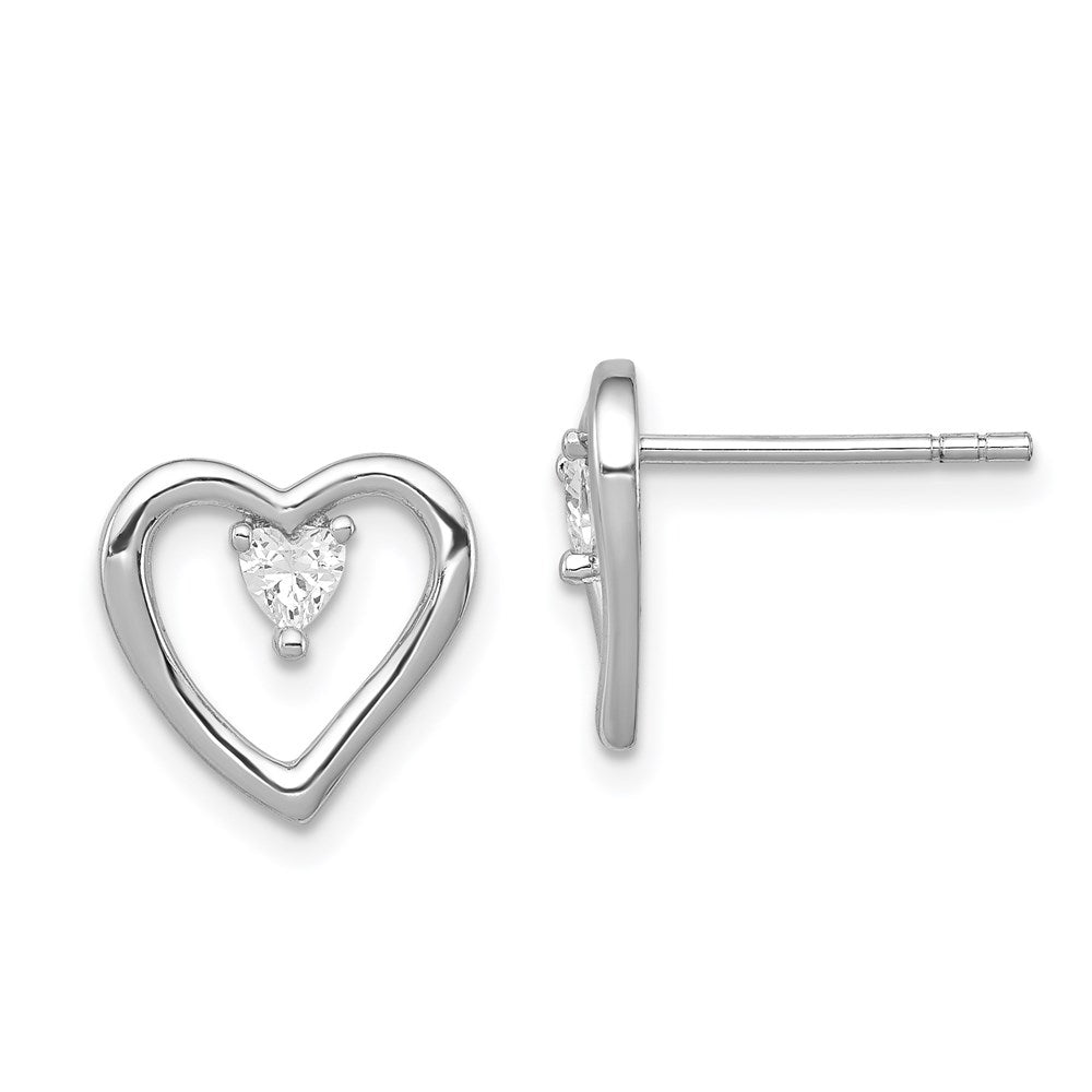 Sterling Silver Rhodium-plated CZ Polished Heart Post Earrings, 11 x 10 mm