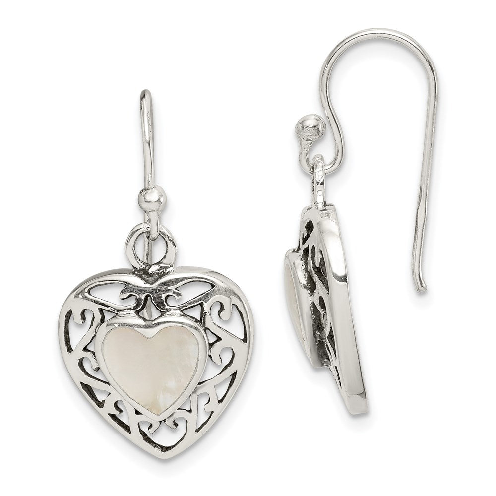 Sterling Silver Antiqued Mother of Pearl Heart Dangle Earrings, 28 x 14 mm