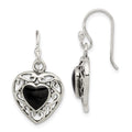 Sterling Silver Antiqued Onyx Heart Dangle Earrings, 27 x 14 mm