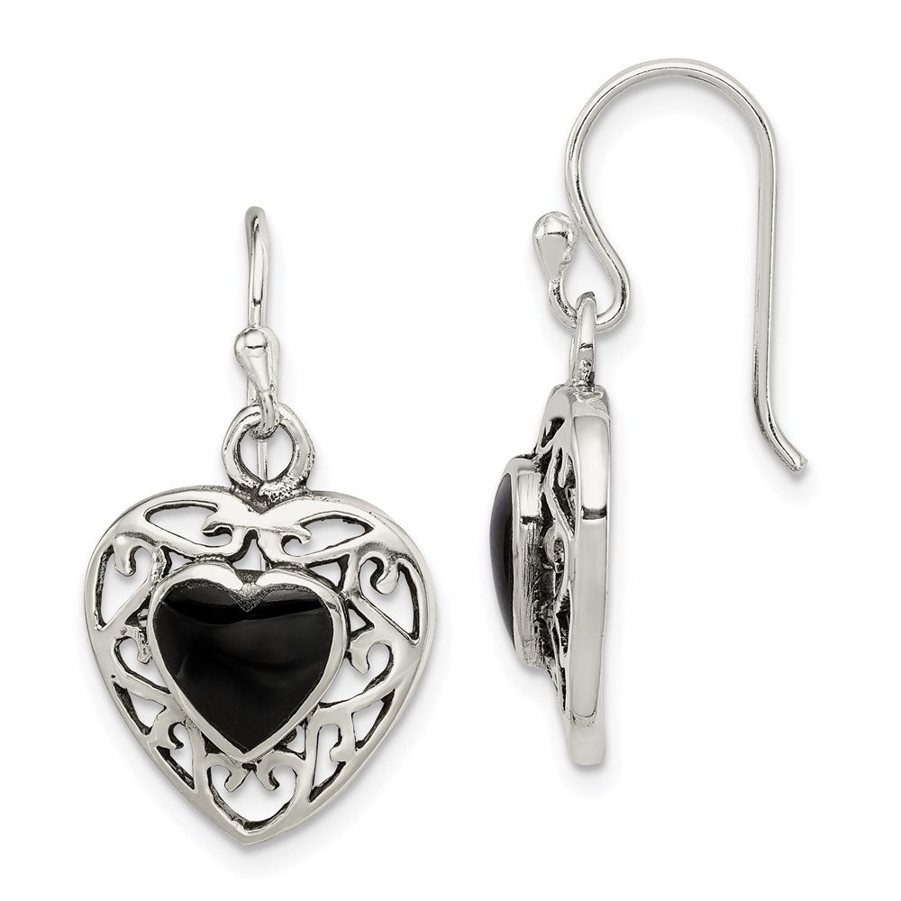 Sterling Silver Antiqued Onyx Heart Dangle Earrings, 27 x 14 mm