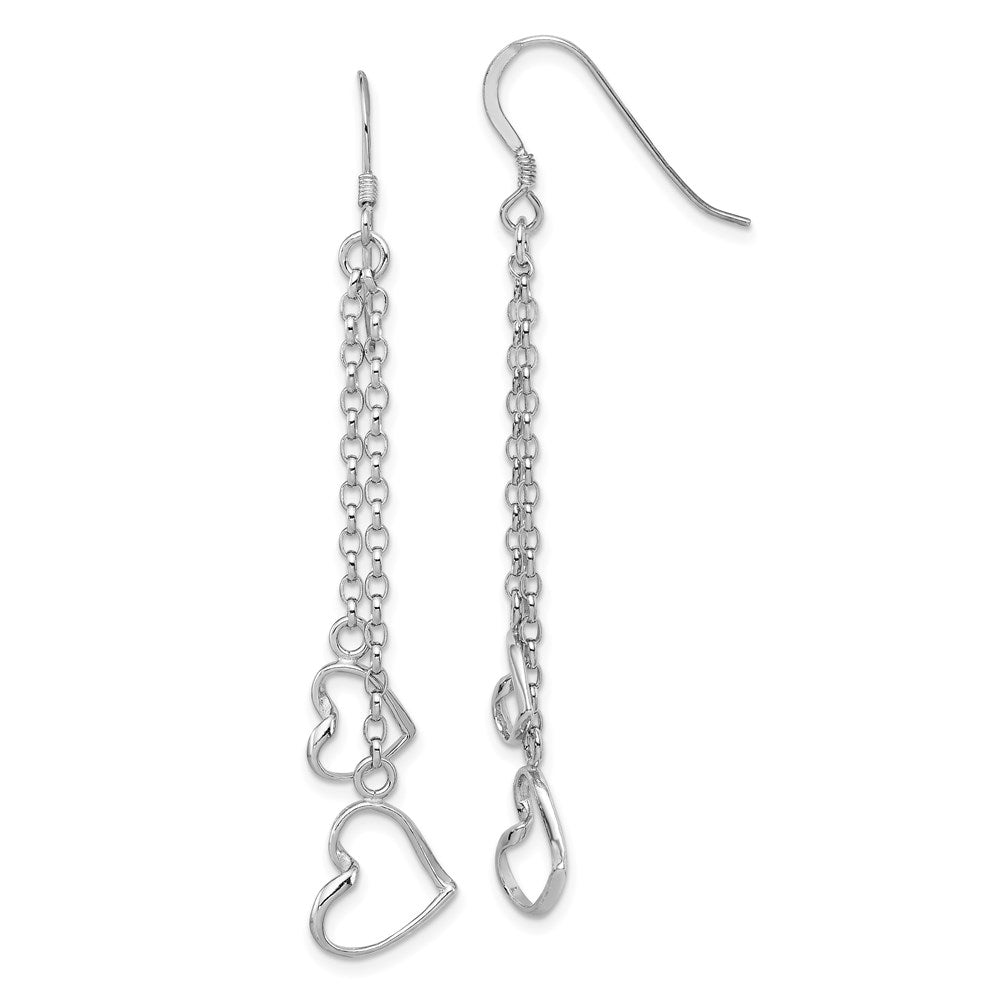 Sterling Silver Rhodium-plated Heart Dangle Shepherd Hook Earrings, 60 x 10 mm