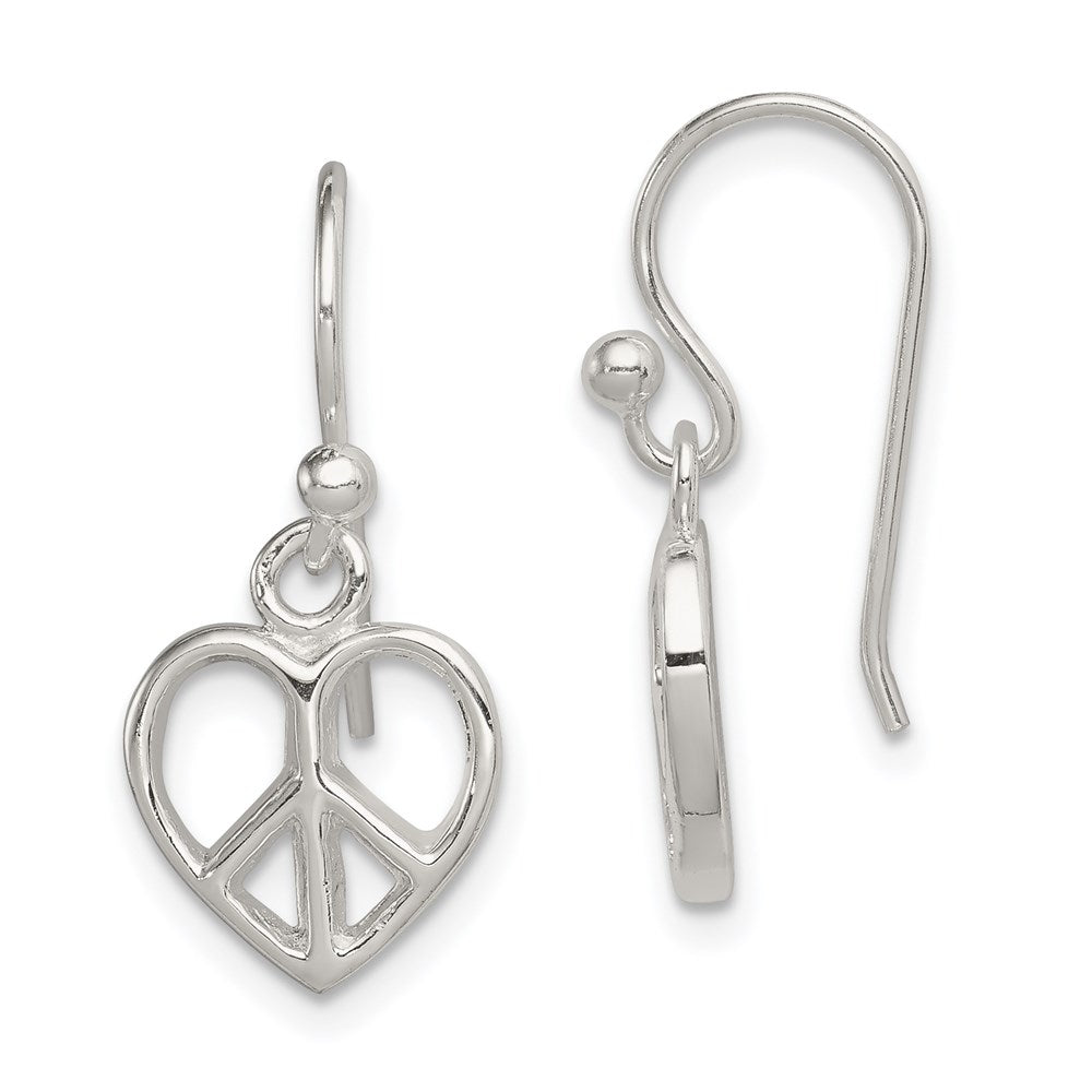 Sterling Silver Peace Sign Heart Shepherd Hook Earrings, 24 x 10 mm