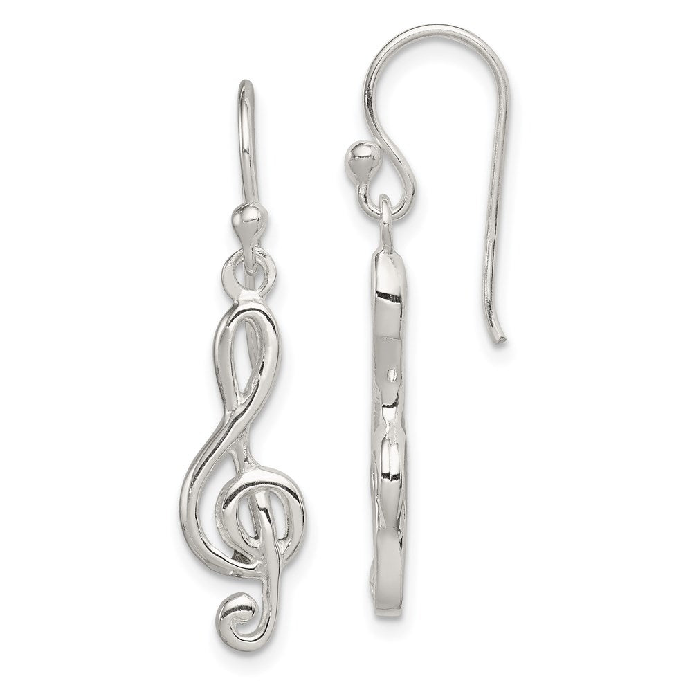Sterling Silver Music Treble Clef Shepherd Hook Earrings, 34 x 7 mm