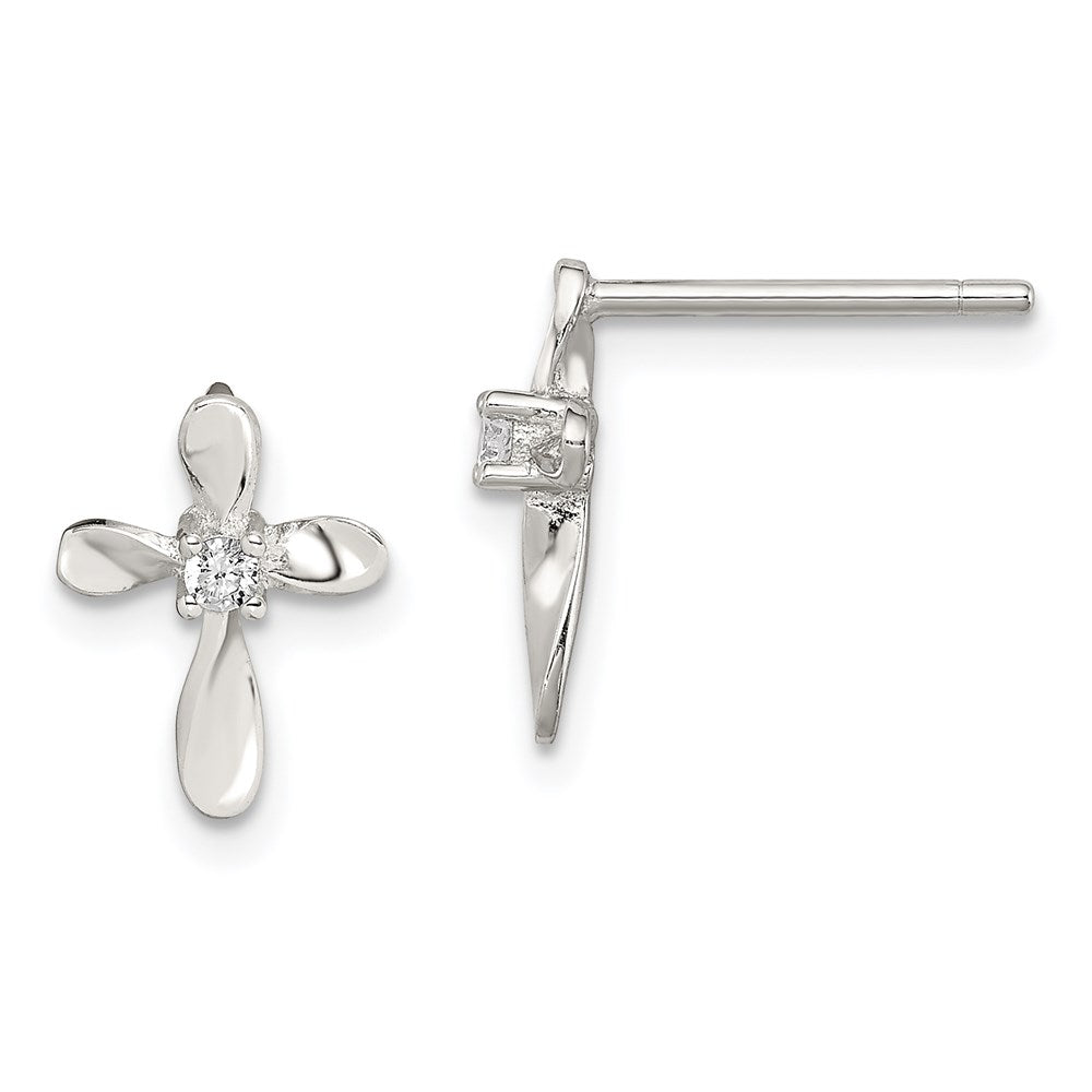 Sterling Silver Rhodium-plated Polished CZ Cross Post Earrings, 12 x 8 mm