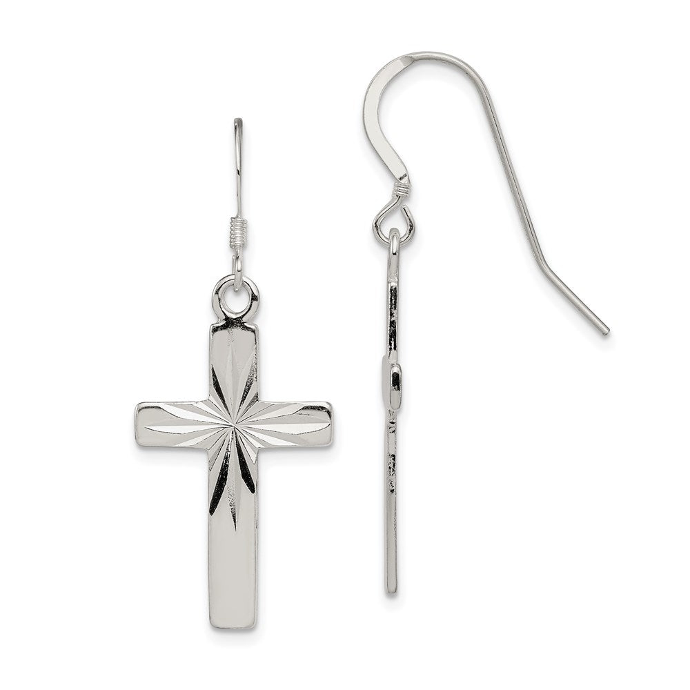 Sterling Silver Polished & Diamond-cut Latin Cross Dangle Earrings, 38 x 15 mm