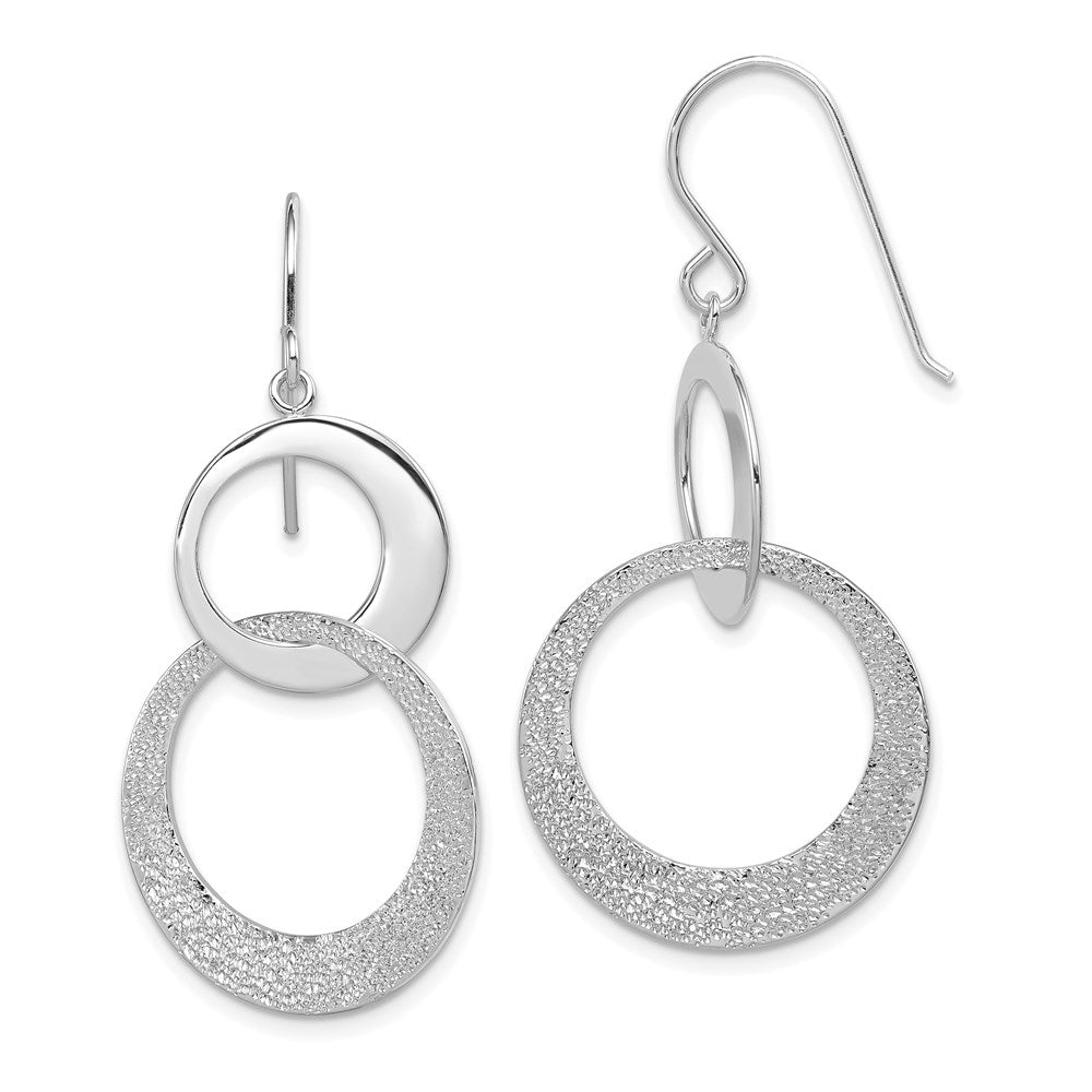 Sterling Silver RH-plated Polished & Textured Interlocking Circle Dangle Ea, 44 x 23 mm