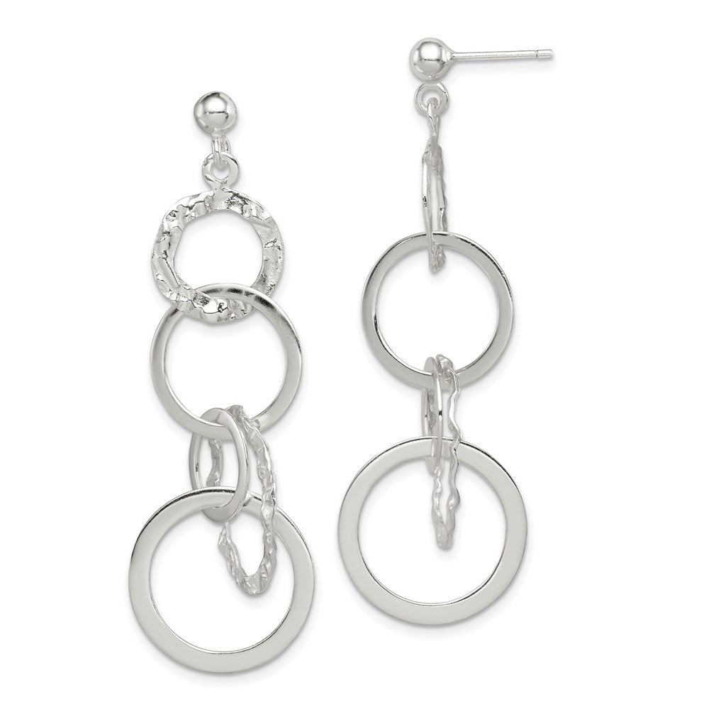 Sterling Silver Polished and Hammered Circles Post Dangle Earrings, 52 x 18 mm