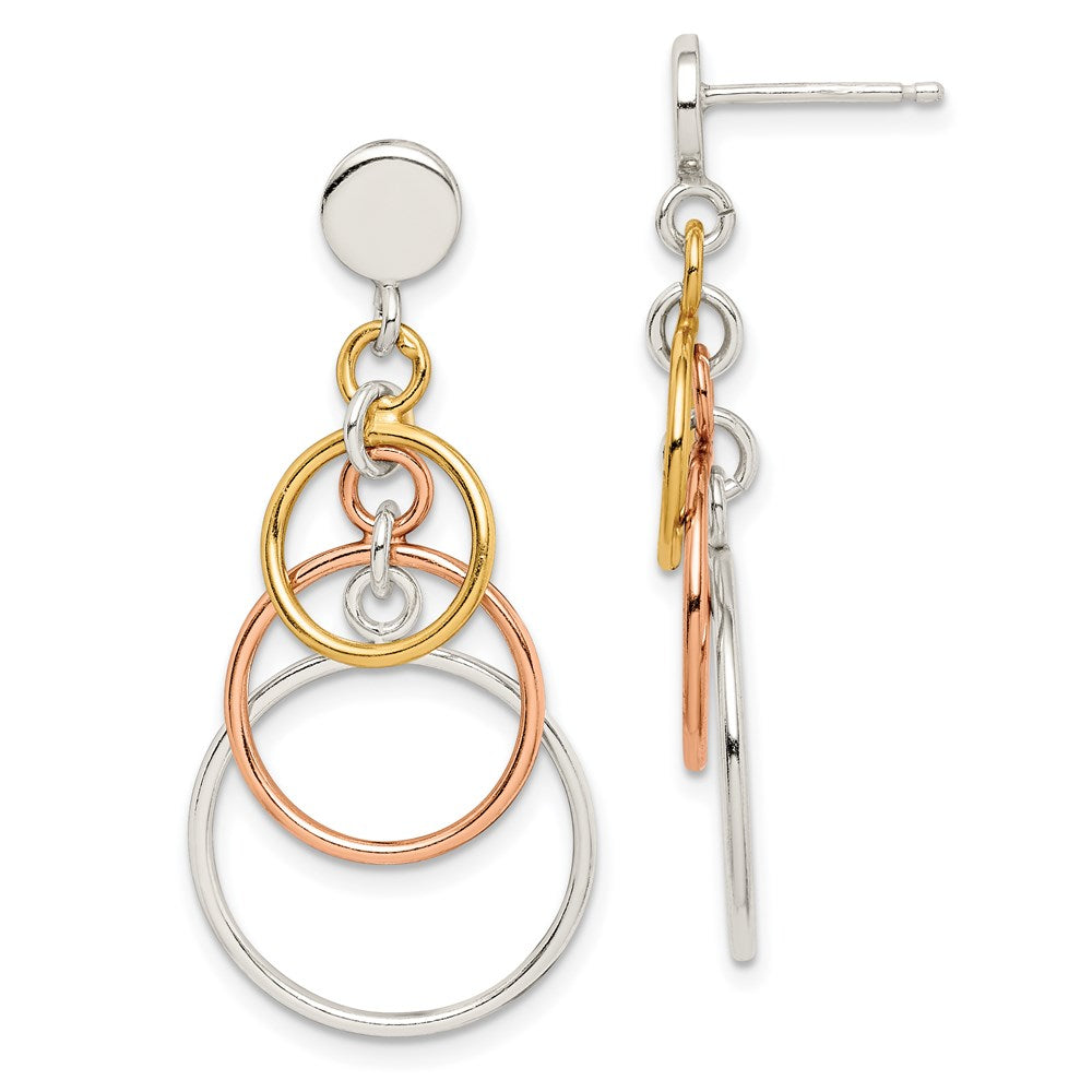 Sterling Silver & Flash Yellow & Rose Gold-plated Circle Post Dangle Earrin, 38 x 18 mm