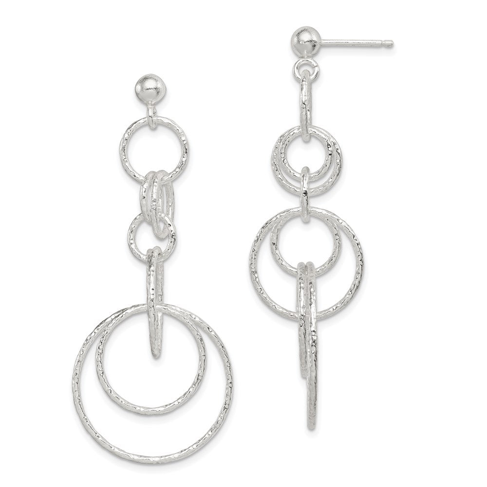 Sterling Silver Polished & Textured Circle Links Post Dangle Earrings, 53 x 22 mm