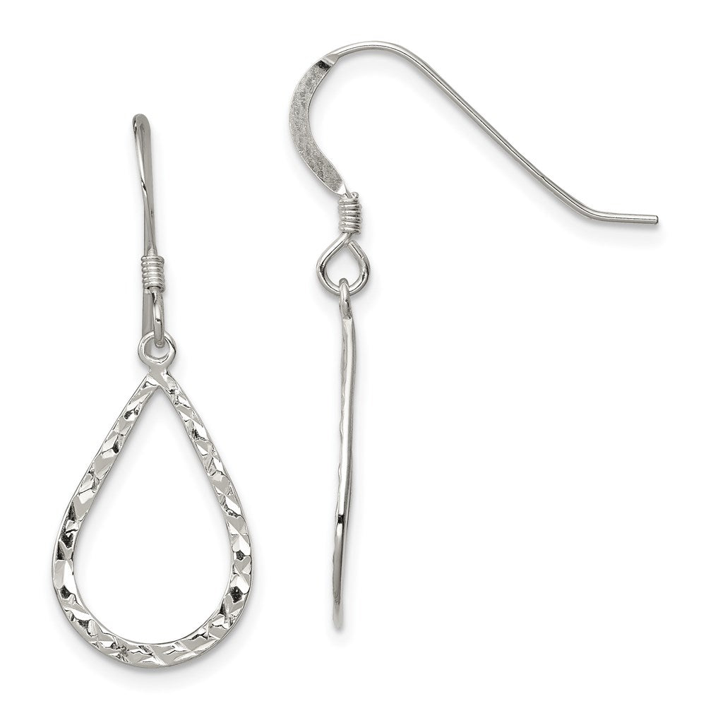 Sterling Silver Polished & D/C Teardrop Dangle Shepherd Hook Earrings, 32 x 12 mm
