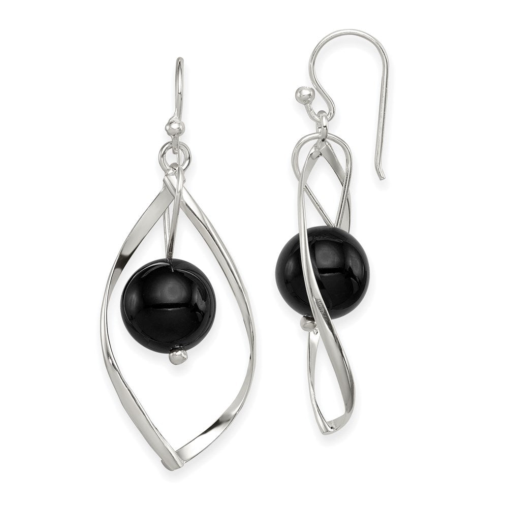 Sterling Silver Polished Onyx Twisted Dangle Earrings, 47 x 13 mm