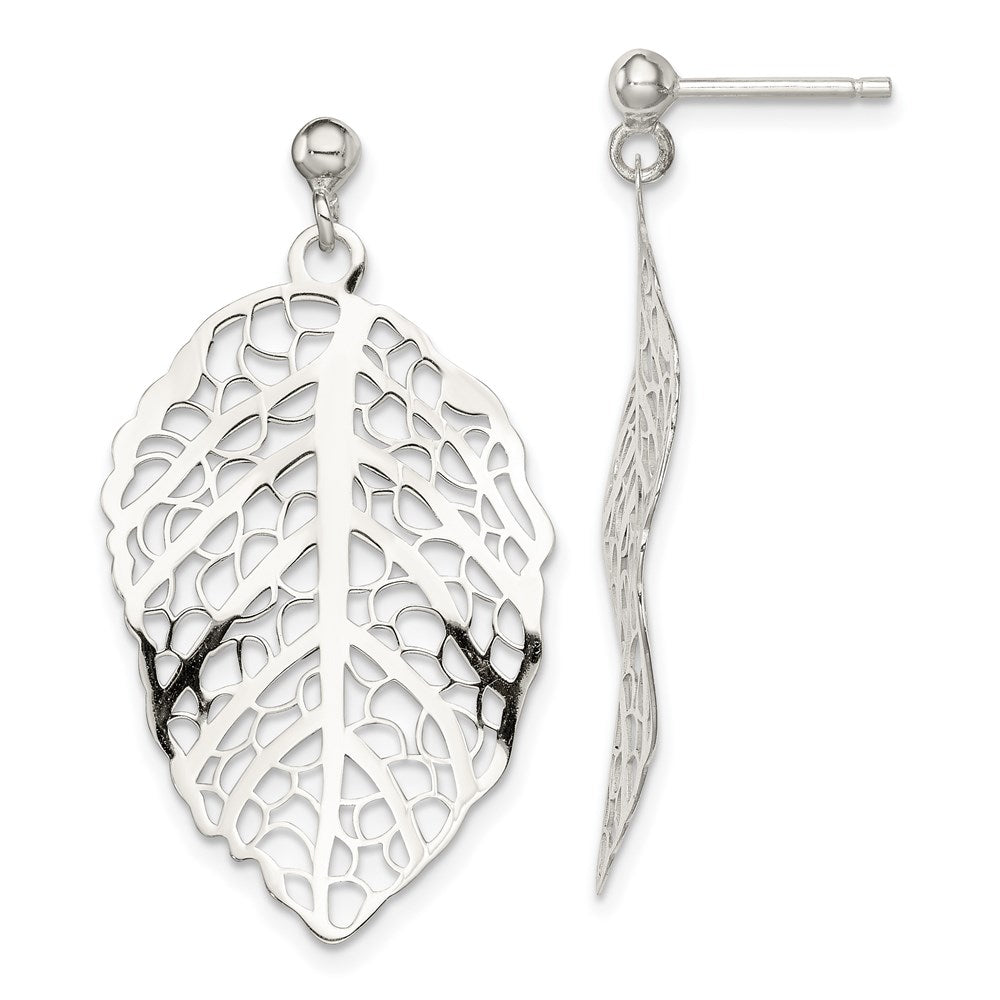 Sterling Silver Polished Leaf Post Dangle Earrings, 37 x 20 mm