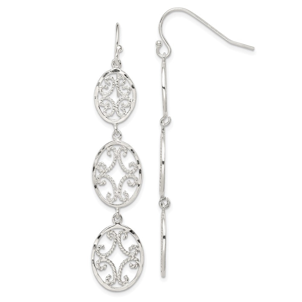 Sterling Silver Polished Diamond-cut Filigree Triple Oval Dangle Earrings, 61 x 12 mm