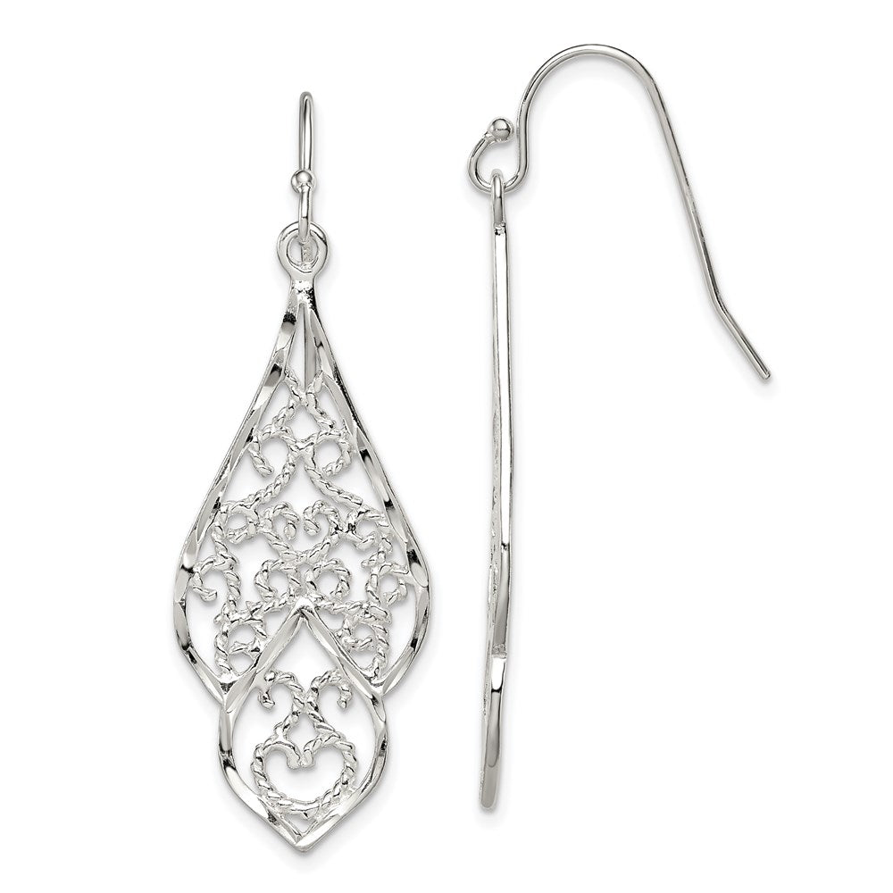 Sterling Silver Polished & Diamond-cut Fancy Filigree Dangle Earrings, 46 x 15 mm