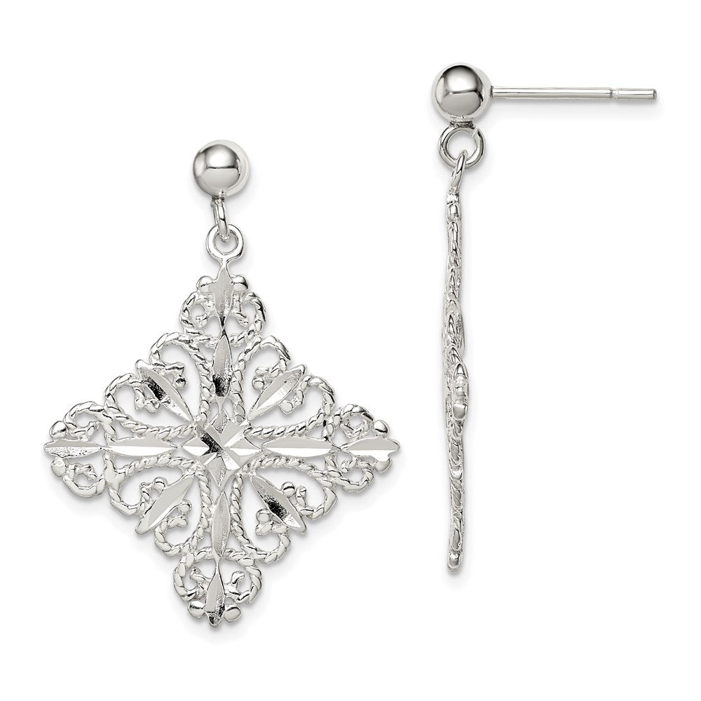 Sterling Silver Polished & Diamond-cut Filigree Square Post Dangle Earrings, 33 x 25 mm
