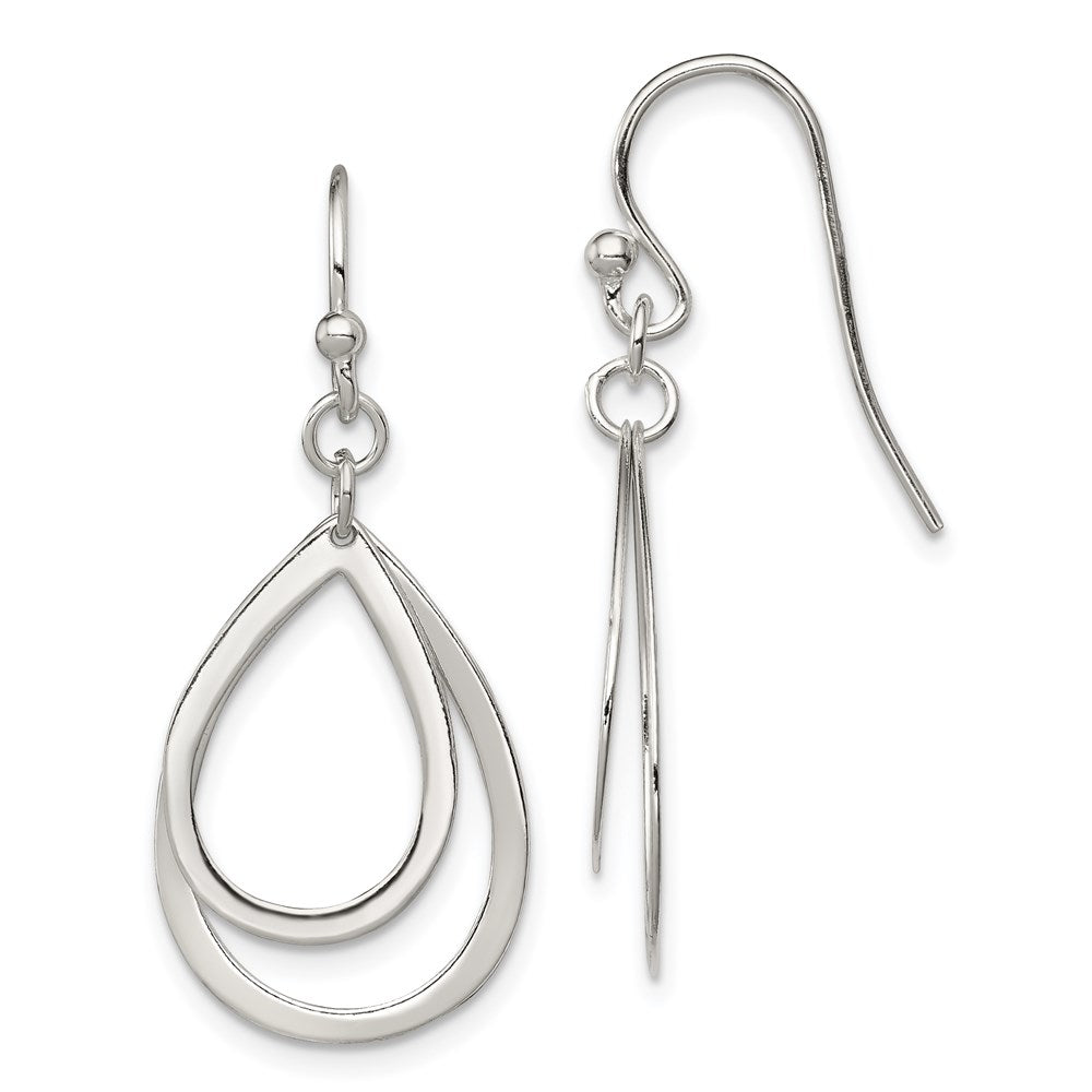 Sterling Silver Polished Double Teardrop Dangle Shepherd Hook Earrings, 35 x 15 mm