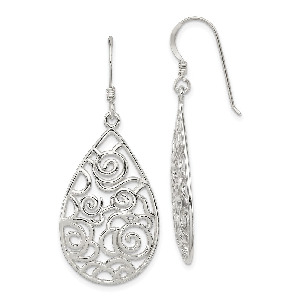 Sterling Silver Polished Fancy Filigree Teardrop Dangle Earrings, 47 x 19 mm