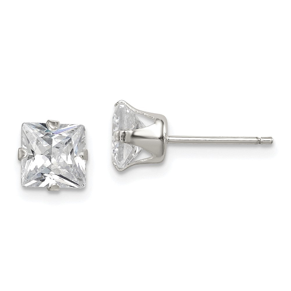 Sterling Silver Polished Princess 6mm CZ Snap Set Stud Earrings, 6 x 6 mm