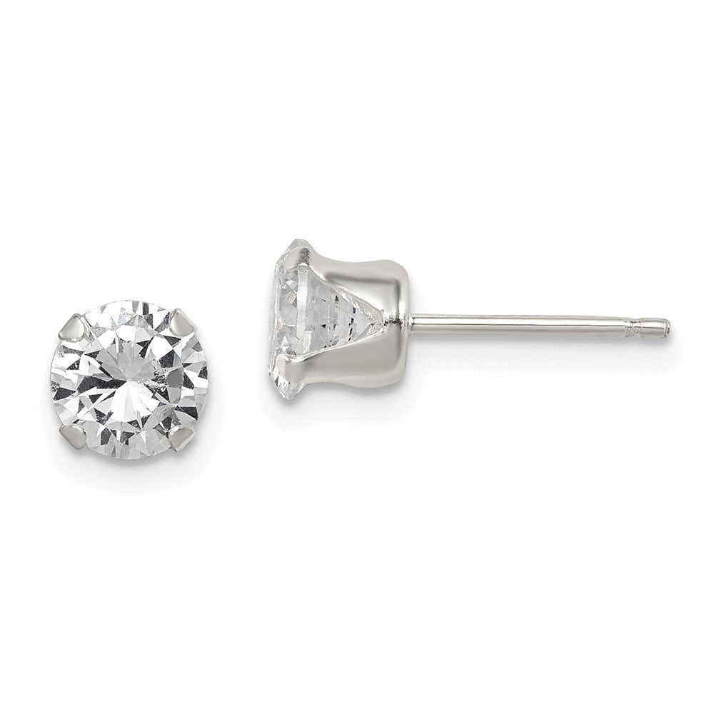 Sterling Silver Polished Round 6mm CZ Snap Set Stud Earrings, 6 x 6 mm