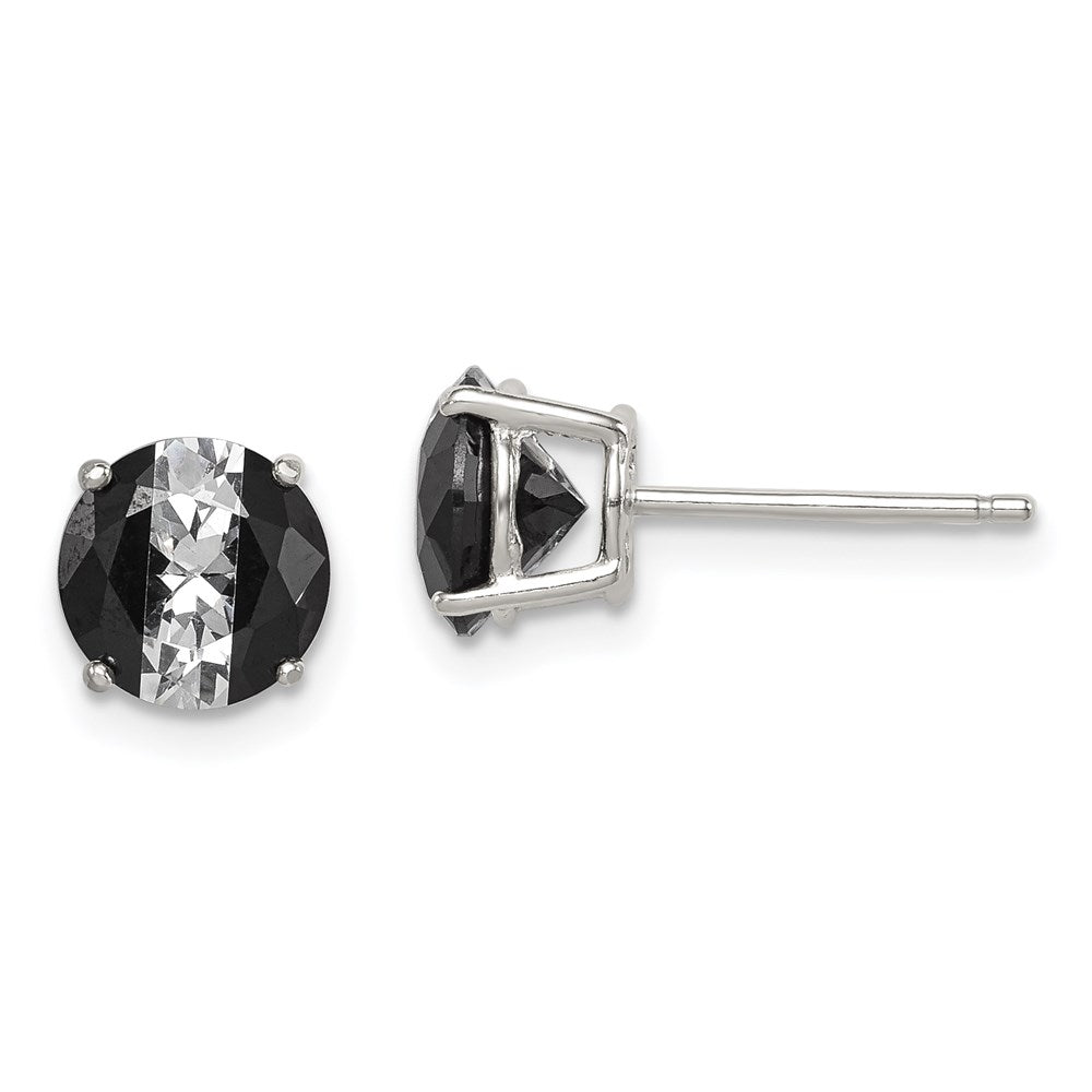 Sterling Silver RH-pltd Black/White 7mm Round CZ Basket Set Stud Earrings, 7 x 7 mm