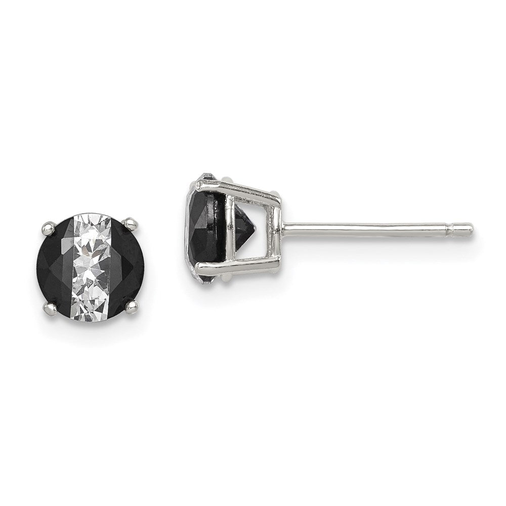 Sterling Silver RH-pltd Black/White 6mm Round CZ Basket Set Stud Earrings, 6 x 6 mm