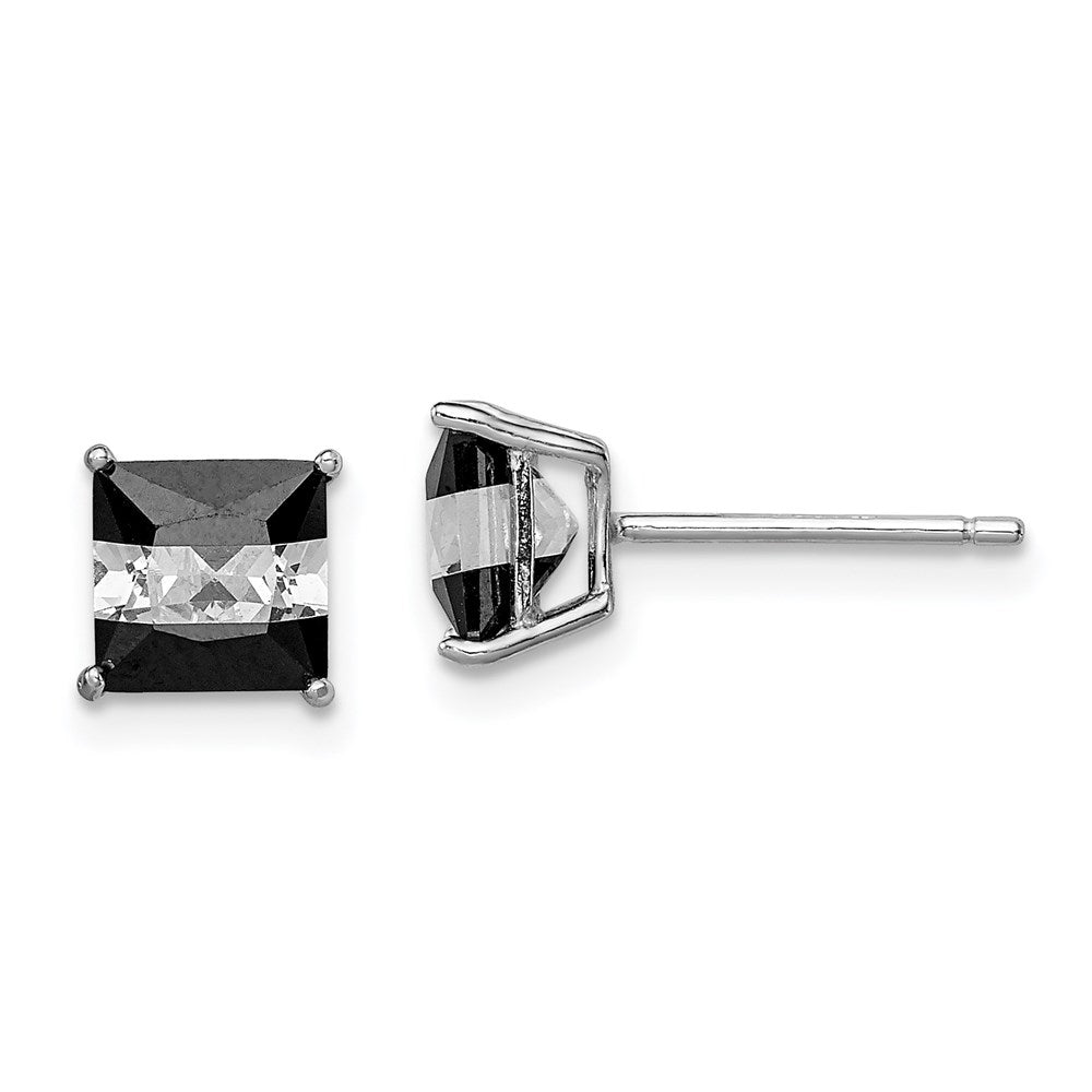 Sterling Silver RH-plated Black & White Square 6mm CZ Stud Earrings, 6 x 6 mm