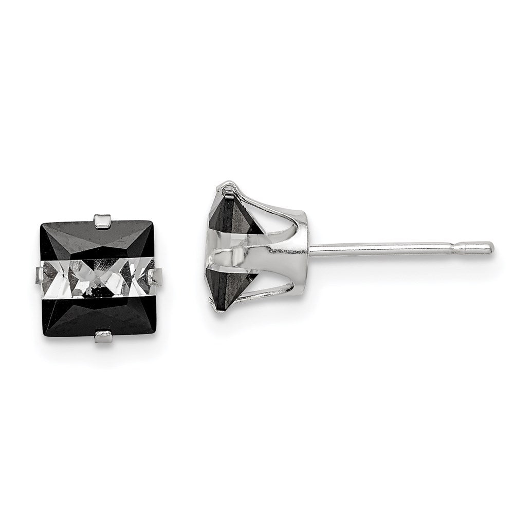 Sterling Silver Black & White 6mm Square CZ Snap-in Set Stud Earrings, 6 x 6 mm