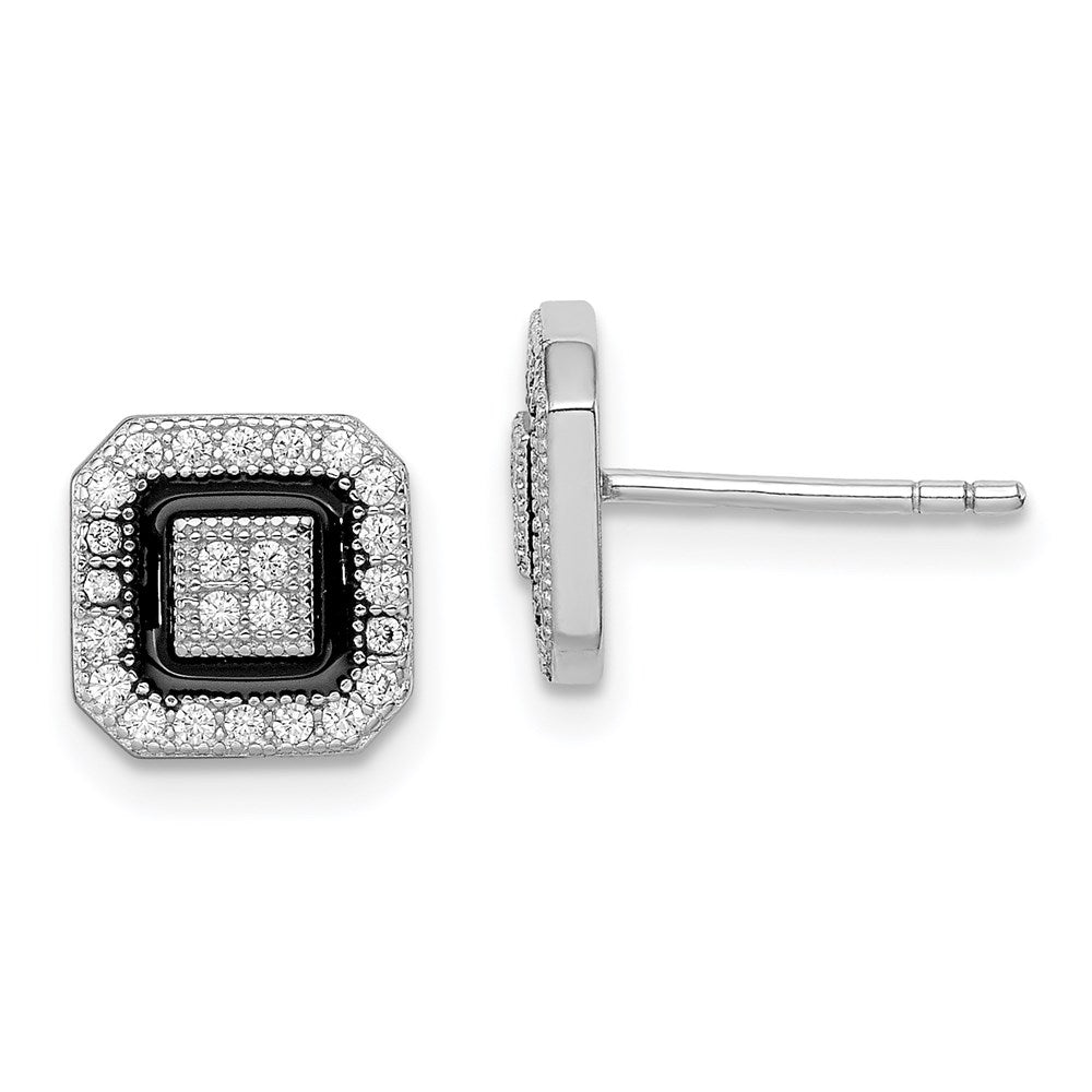 Sterling Silver RH-plated Black Enamel & Pav‚ CZ Square Halo Post Earrings, 8 x 8 mm