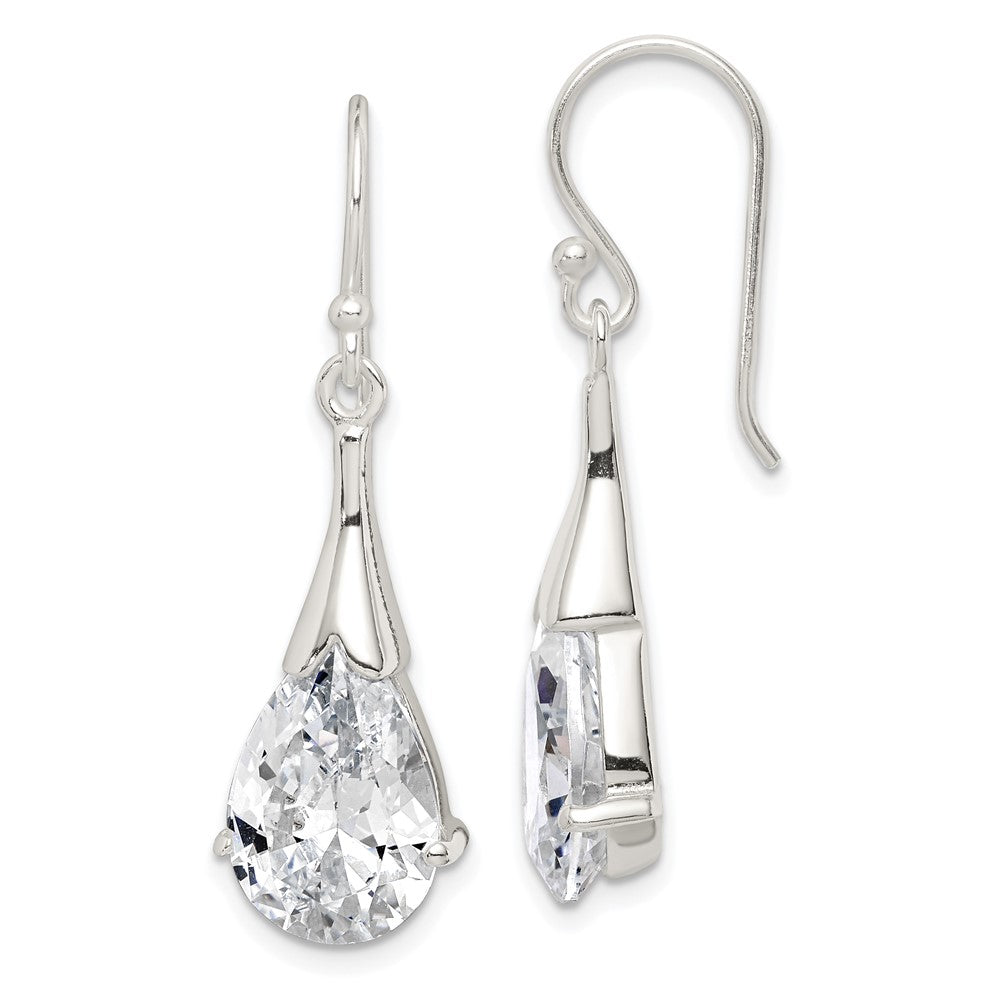 Sterling Silver Polished CZ Teardrop Dangle Earrings, 38 x 11 mm