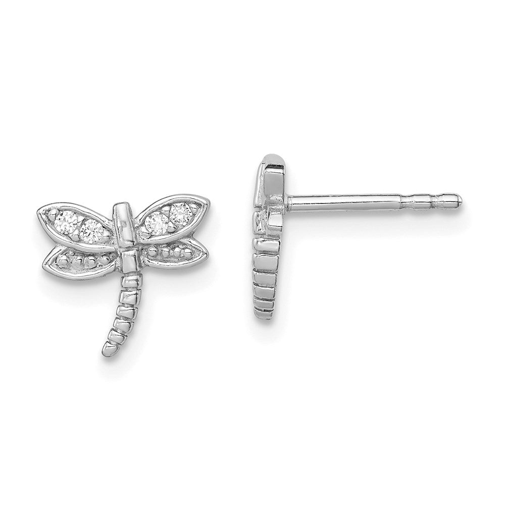 Sterling Silver Rhodium-plated Polished CZ Dragonfly Post Earrings, 10 x 9 mm