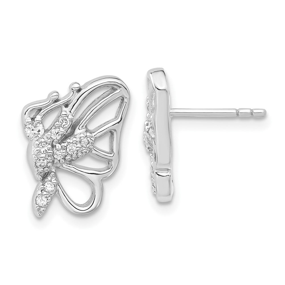 Sterling Silver Rhodium Plated CZ Butterfly Post Earrings, 15 x 12 mm