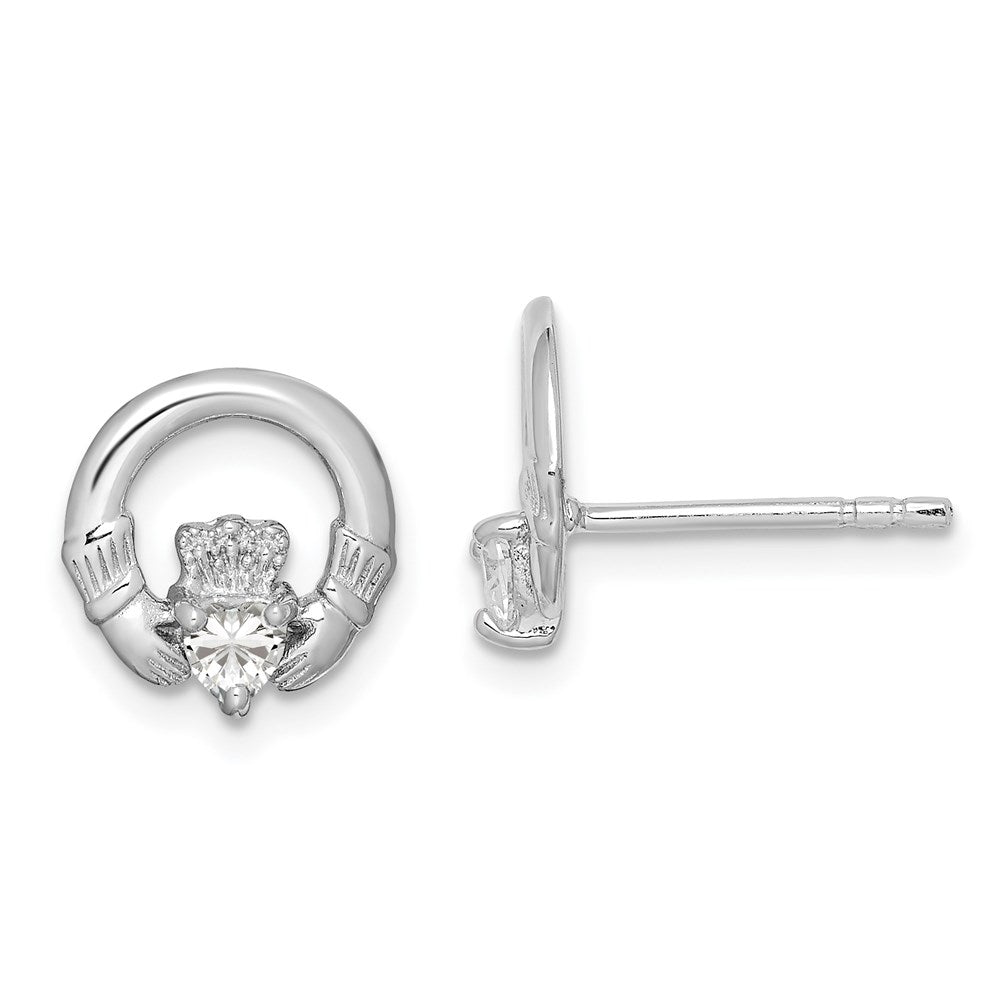 Sterling Silver Rhodium-plated CZ Heart Claddagh Post Earrings, 10 x 10 mm