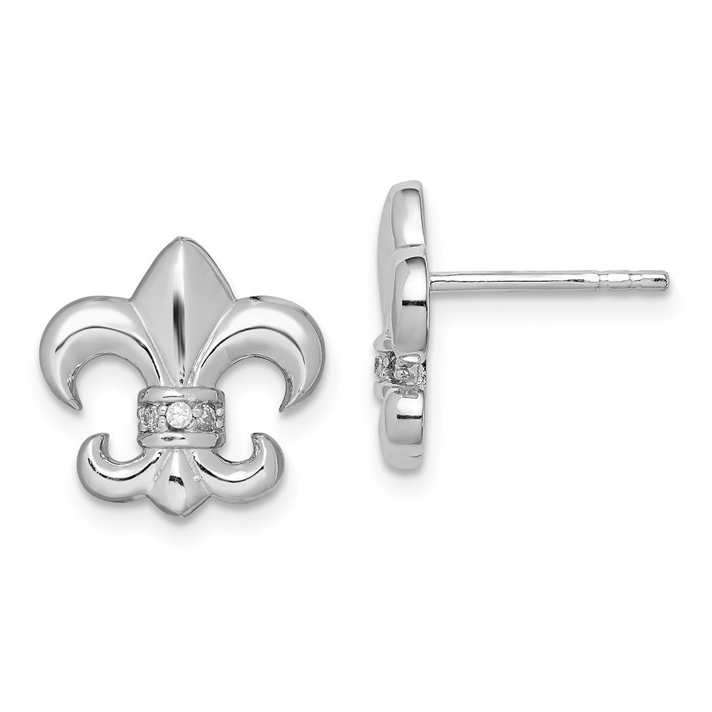 Sterling Silver Rhodium-plated Polished CZ Fleur de Lis Post Earrings, 12 x 13 mm
