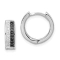 Sterling Silver RH-plated Black & White CZ Hinged Round Hoop Earrings, 13 x 14 mm