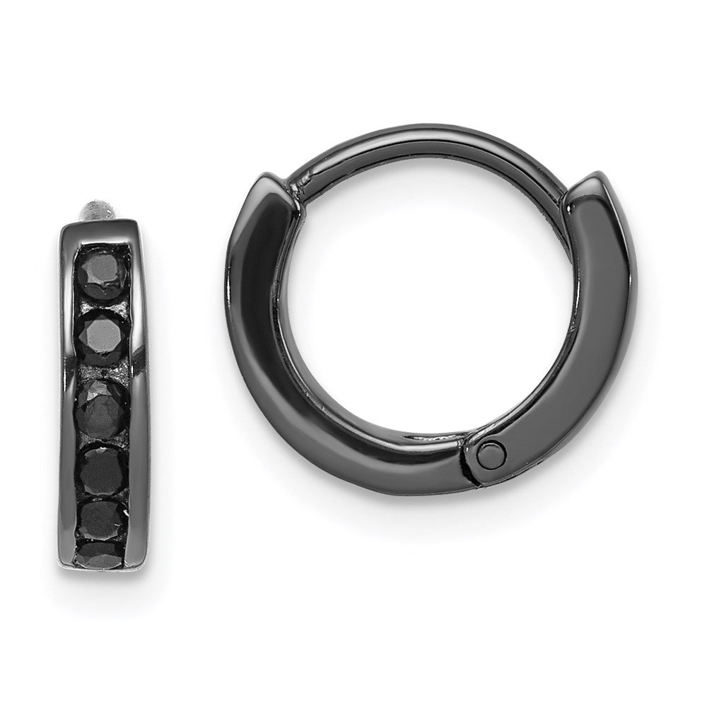 Sterling Silver Black RH-plated Black CZ Hinged Round Hoop Earrings, 10 x 12 mm