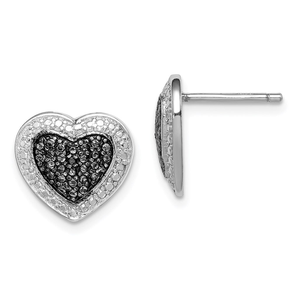 Sterling Silver Black Rhodium Plated Black CZ Heart Post Earrings, 12 x 12 mm