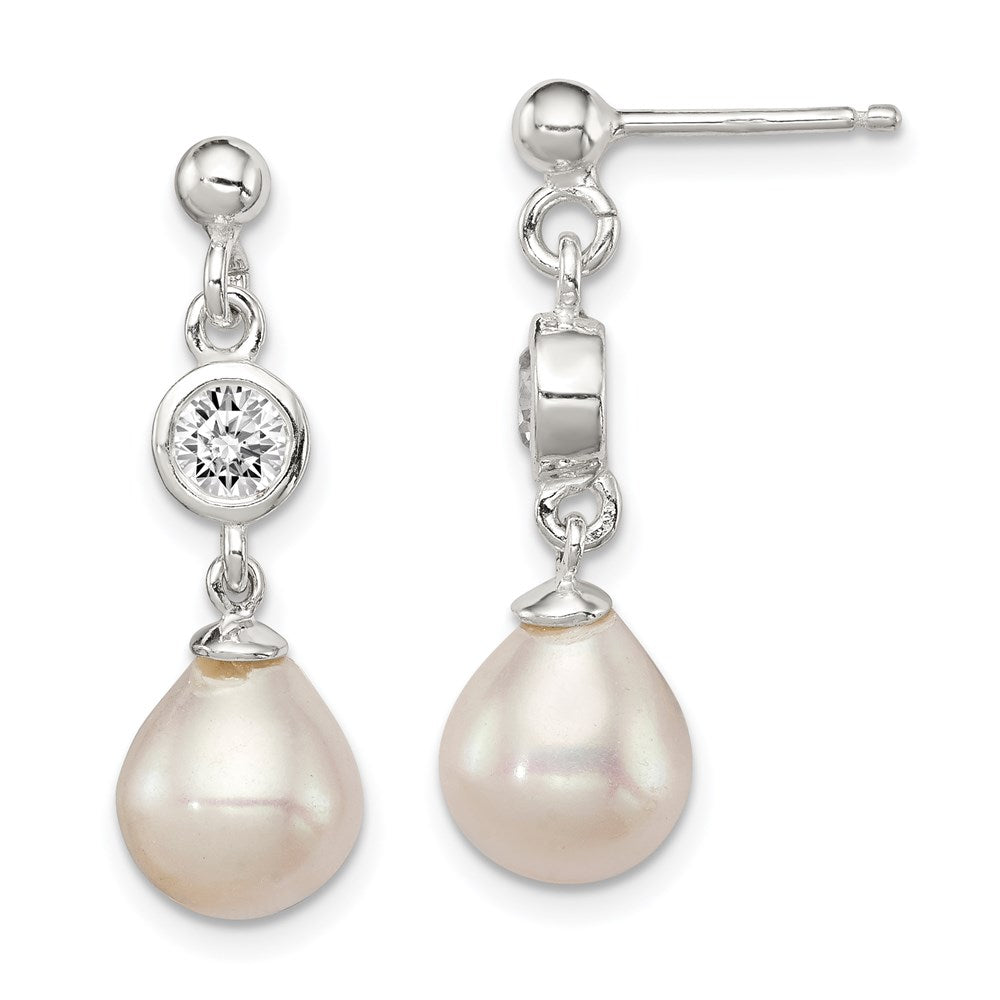 Sterling Silver Polished FWC Pearl and CZ Post Dangle Earrings, 29 mm