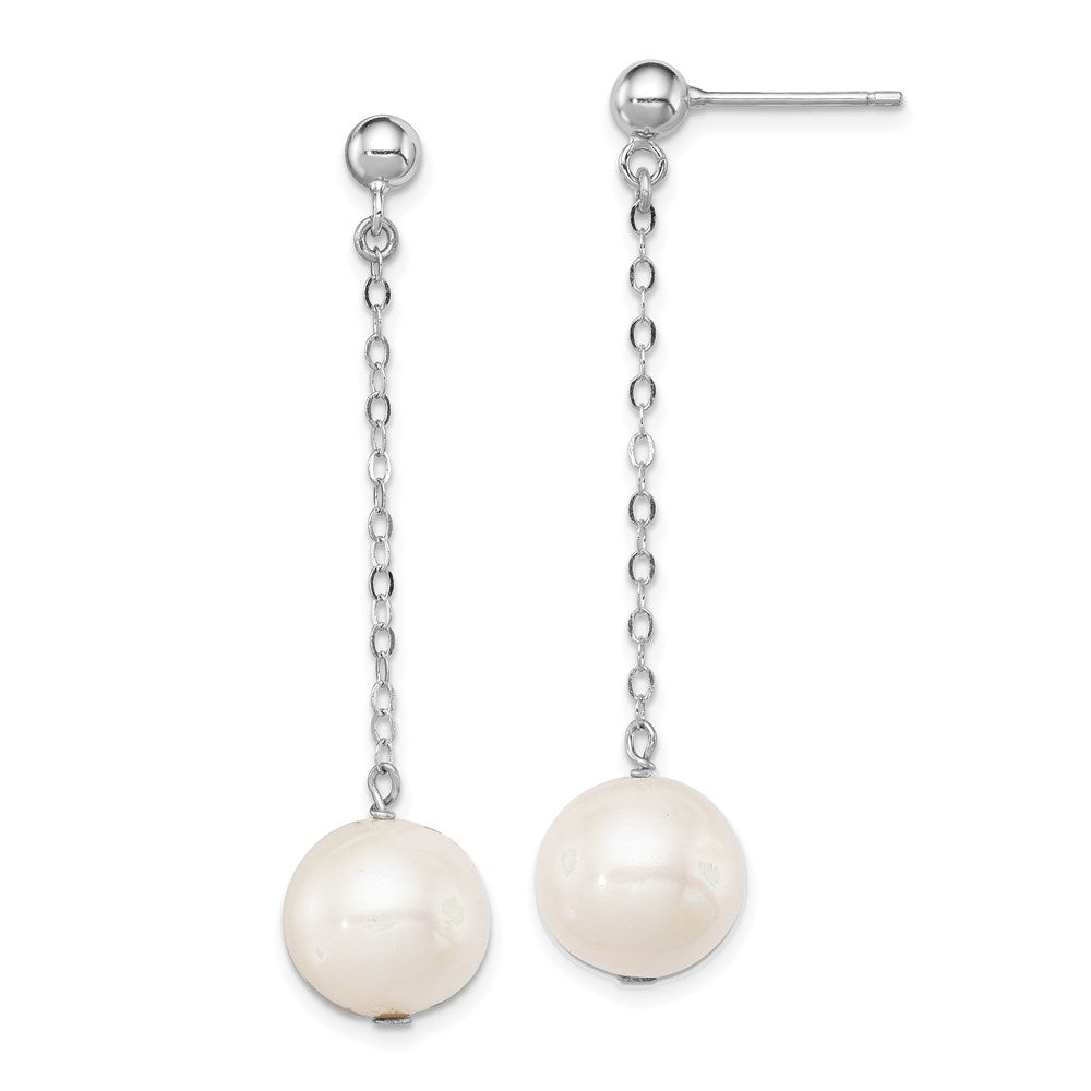 Sterling Silver Rhodium-plated 10-11mm White Round Freshwater Cultured Pearl Dangle Post Earrings, 45 mm