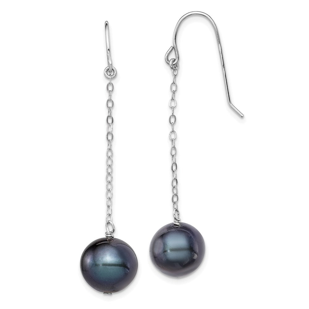 Sterling Silver Rhodium-plated 9-10mm Black Round Freshwater Cultured Pearl Dangle Earrings, 45 mm