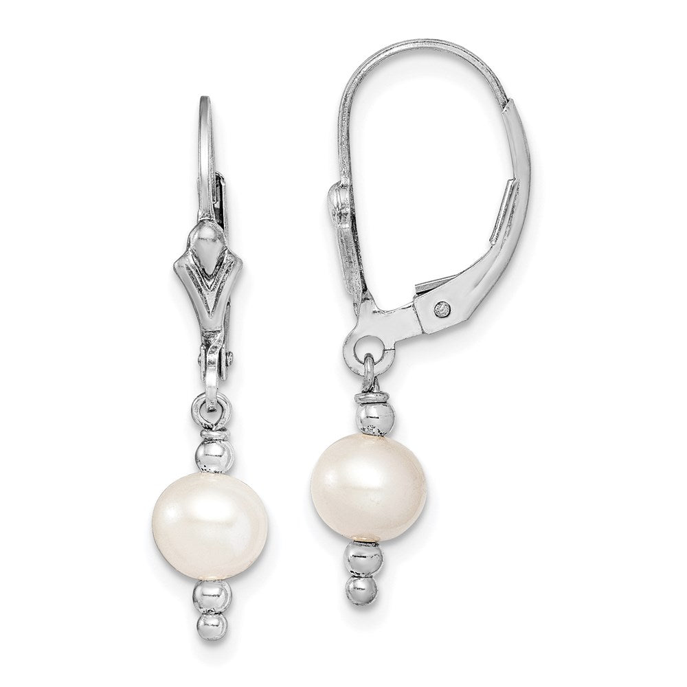 Sterling Silver Rhodium-plated 6-7mm White Semi-Round Freshwater Cultured Pearl Leverback Dangle Earrings, 28 mm