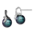 Sterling Silver Polished Black and White CZ with 9-10mm Black Imitation Shell Pearl Post Earrings, 19 mm